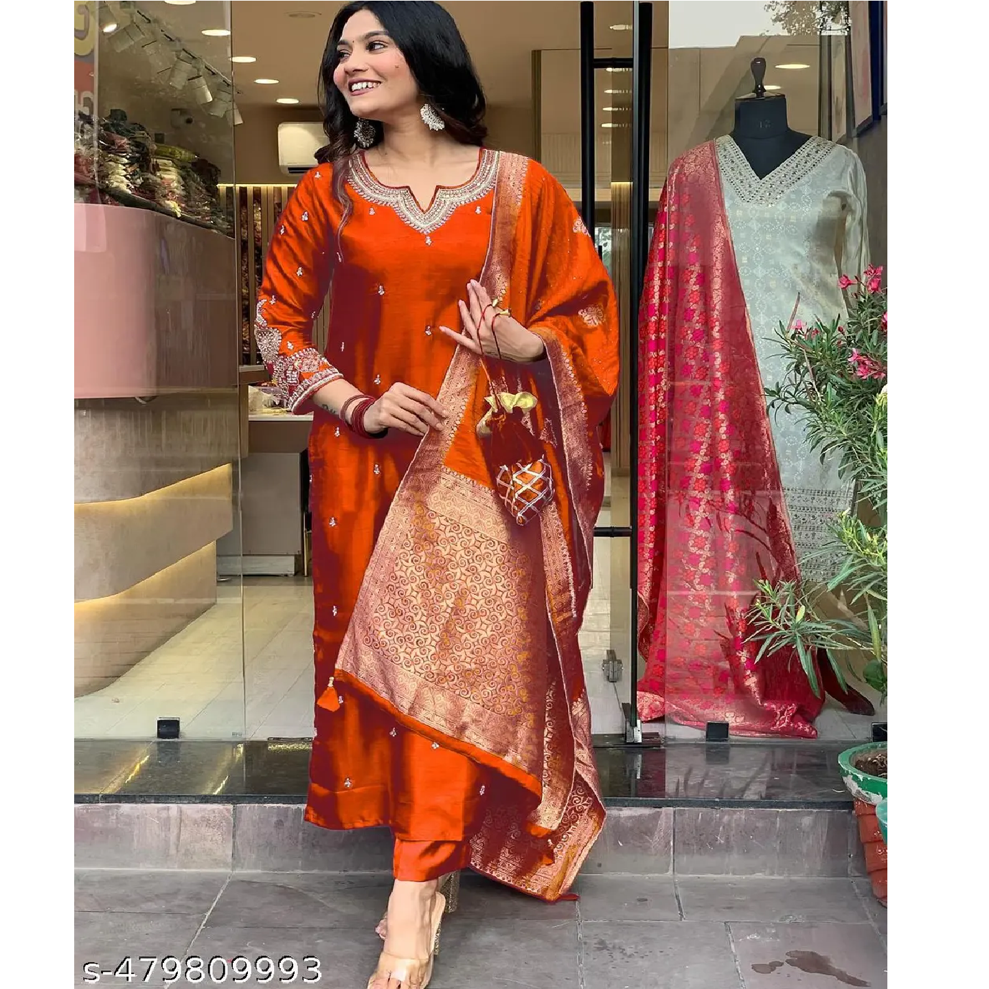 Orange Embroidered Art Slik Straight Kurta Pant Dupatta Set